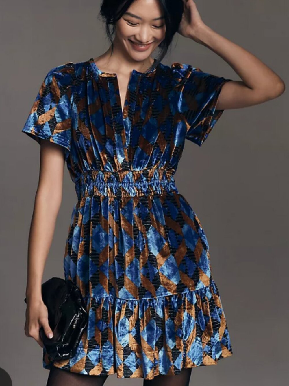 XS Anthropologie Somerset Velvet V-Neck Smocked Tiered Mini Dress